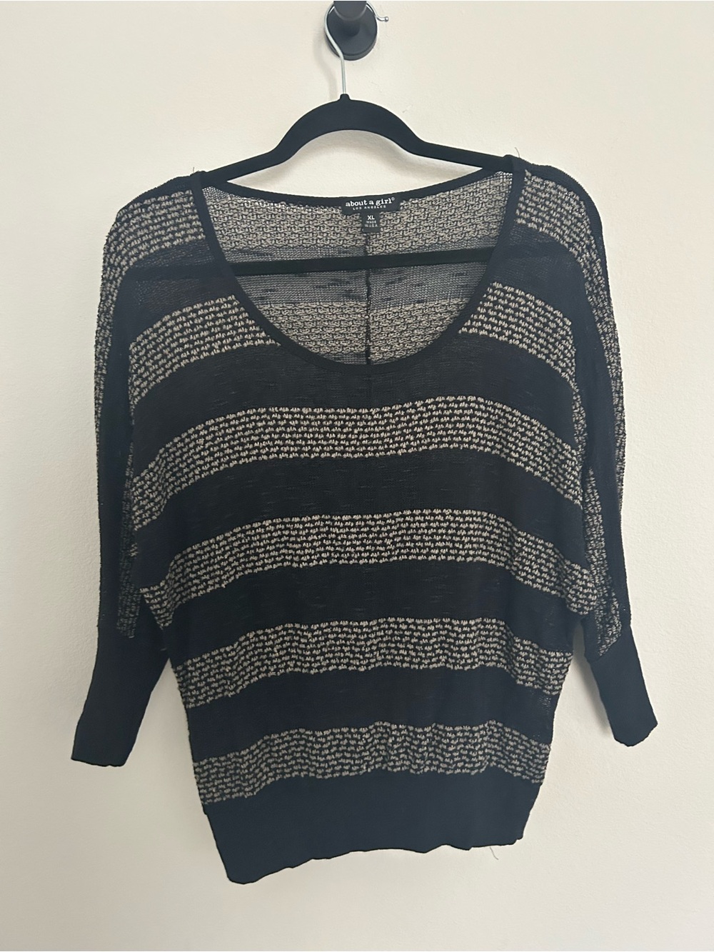 About A Girl Black & Cream Striped Scoop Neck 3/4 Sleeve Mesh Top